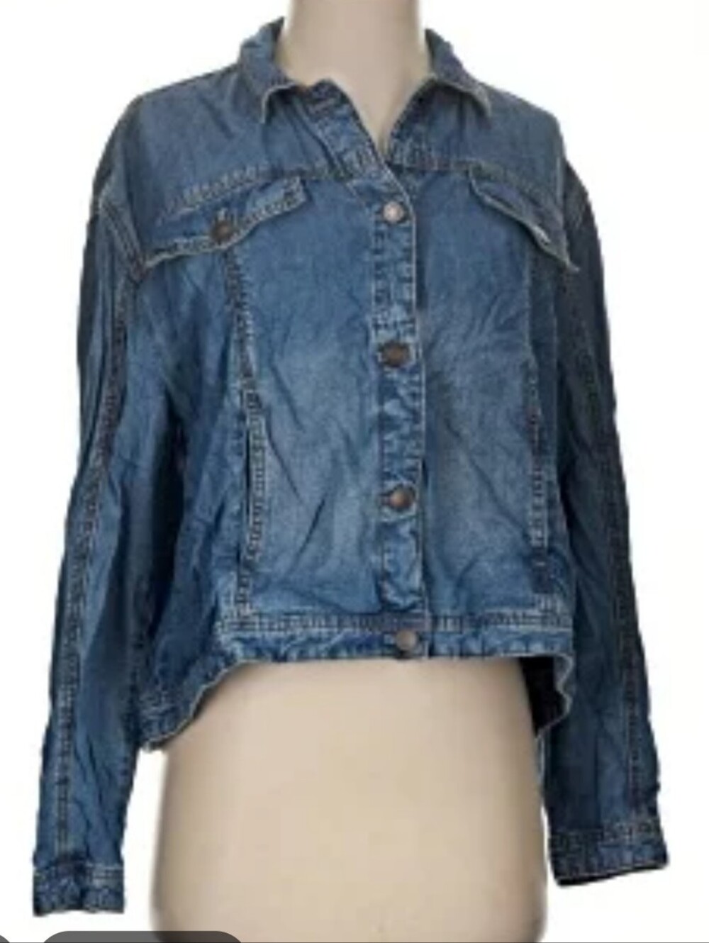 Free People Medium Blue Denim Button-Front Crop Jacket